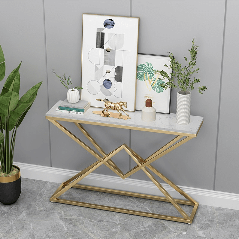 Francis White and Gold Ceramic Console table/ Ceramic tabletop/ Golden powder-coated metal legs/Modern