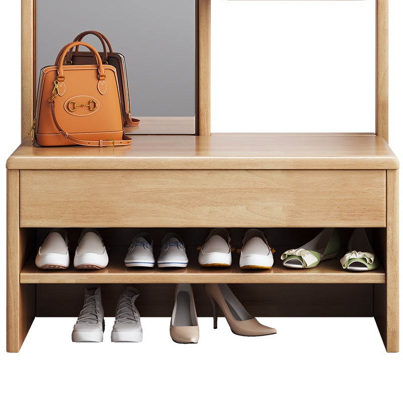 Natural Wood Shoe Bench Coat Rack With Mirror/Entrance Hanger