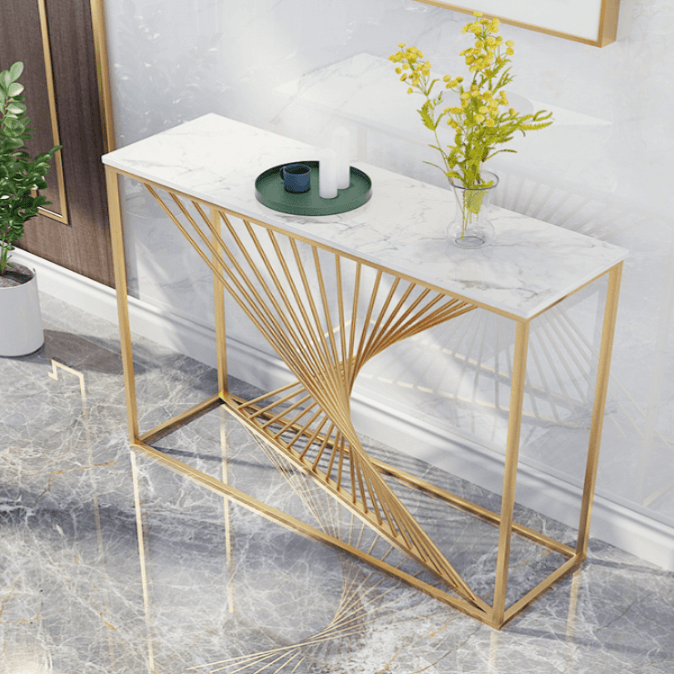 140cm Aiden White and Gold Ceramic Console Table/shimmering antique gold coloured legs