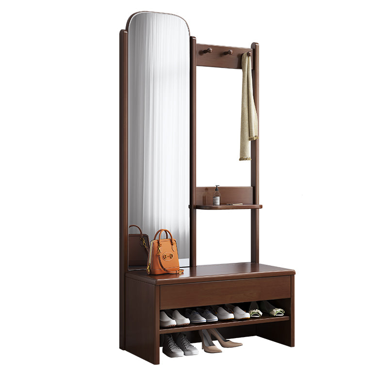 Solidwood Shoe Bench Coat Rack With Mirror In Walnut Colour/Entrance Hanger