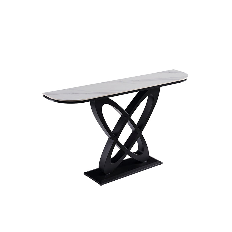 Modern Art Deco Console Table with White Ceramic Top and Carbon Black Geometric Base