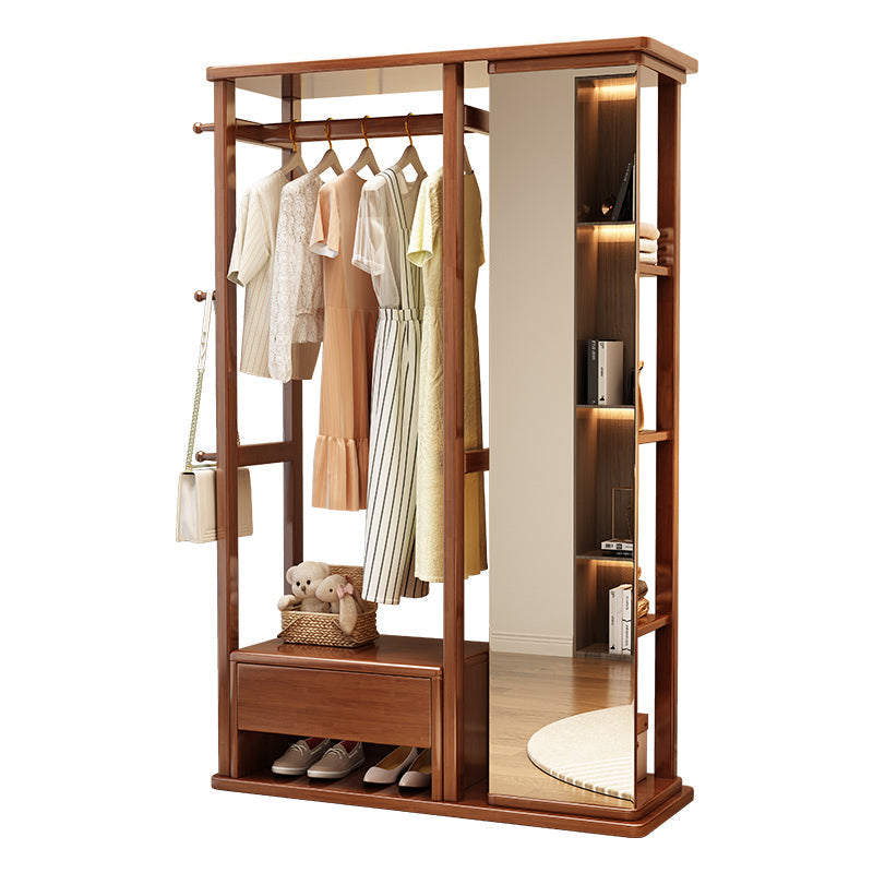 Solidwood Walnut Coloured Coat Rack With Mirror And Storage Shelves