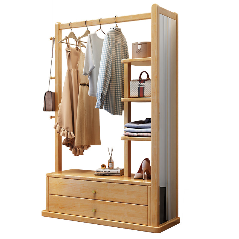 Rubberwood Oak Colour Coat Rack With Mirror And Storage Shelves