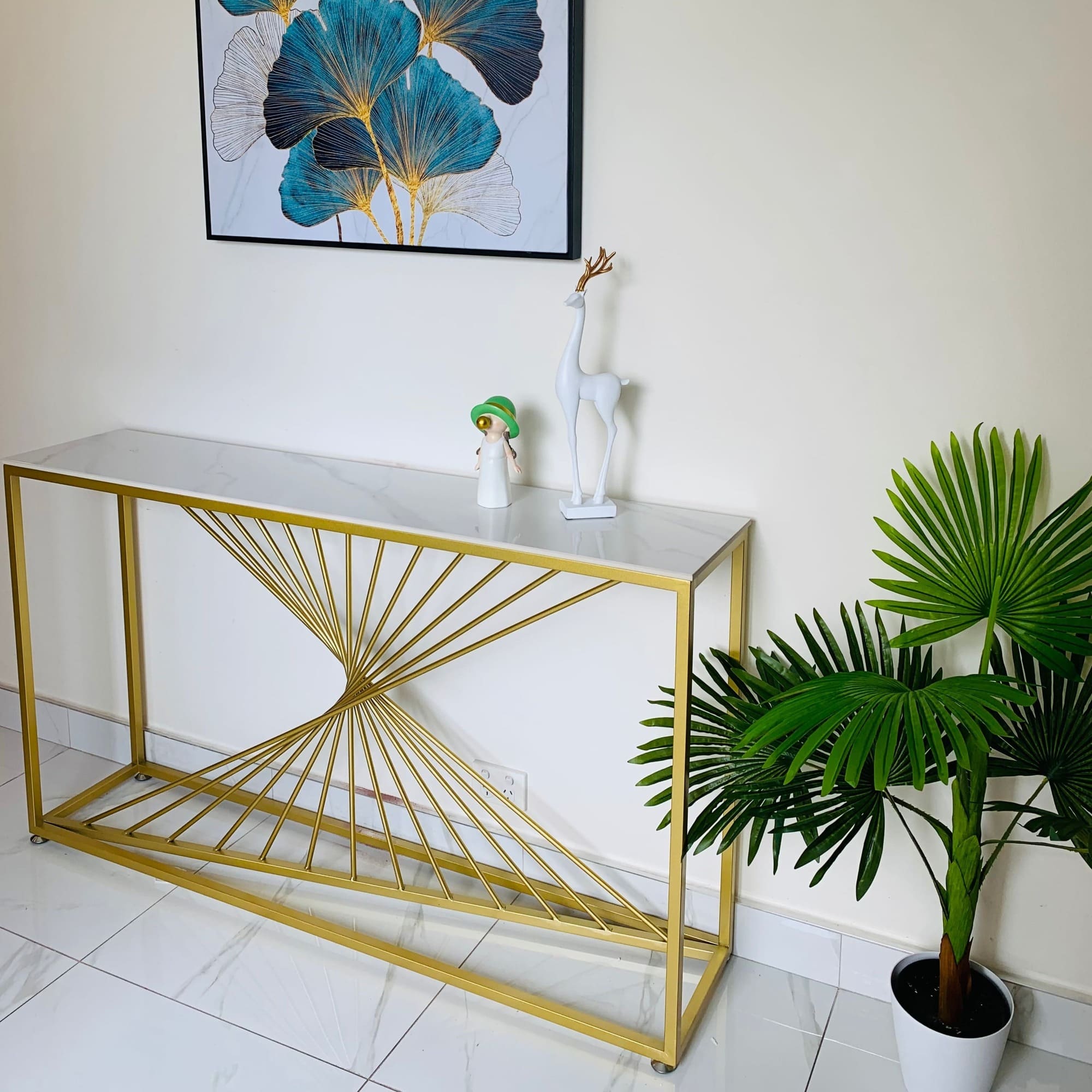 140cm Aiden White and Gold Ceramic Console Table/shimmering antique gold coloured legs