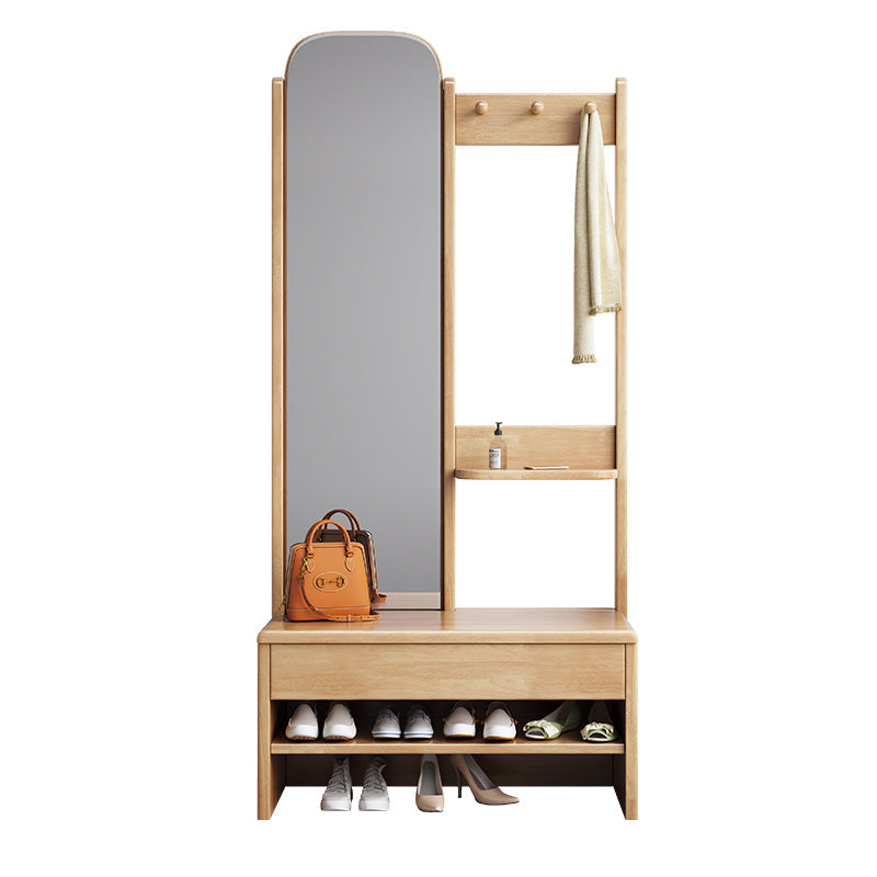 Natural Wood Shoe Bench Coat Rack With Mirror/Entrance Hanger