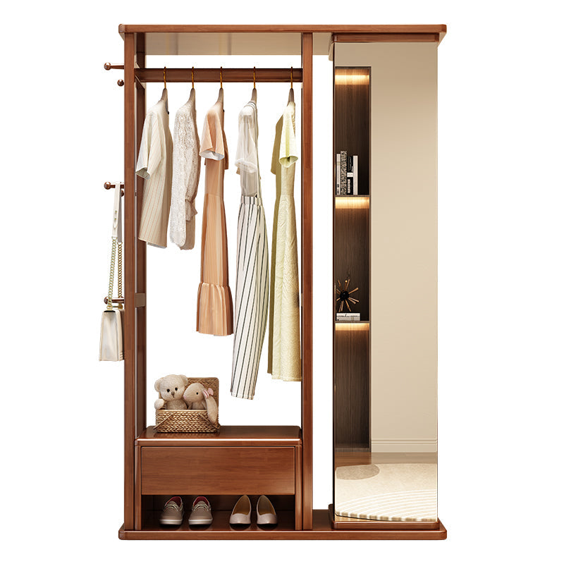 Solidwood Walnut Coloured Coat Rack With Mirror And Storage Shelves