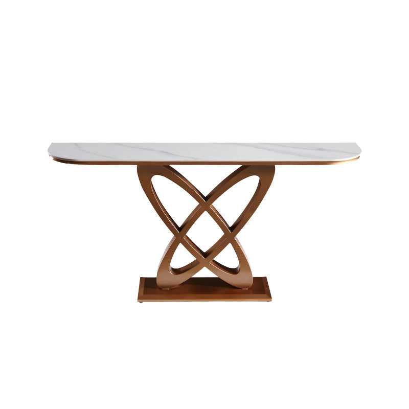 Modern Art Deco Console Table with White Ceramic Top and Antique Bronze Geometric Base