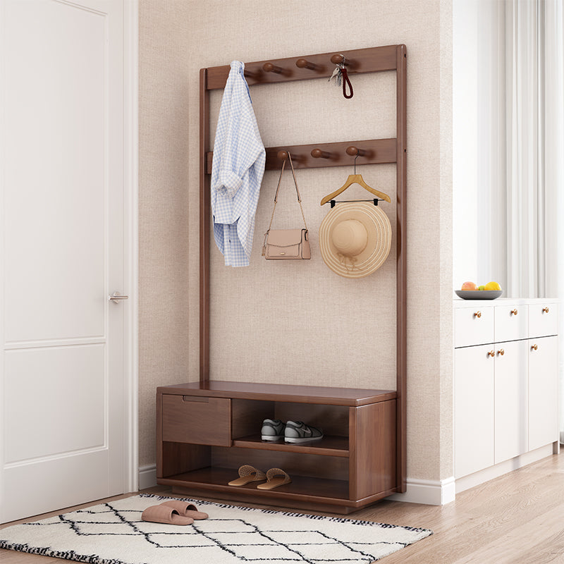 Walnut Solidwood Coat Rack With Shoe Bench/Entrance Hanger