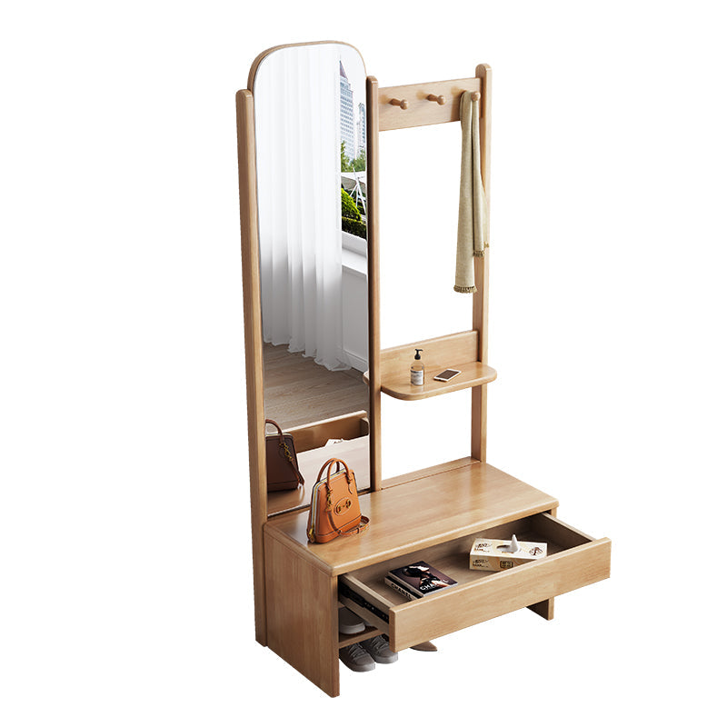 Natural Wood Shoe Bench Coat Rack With Mirror/Entrance Hanger