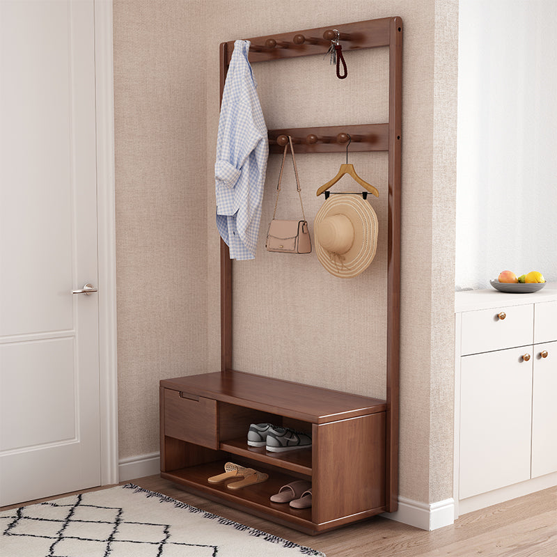 Walnut Solidwood Coat Rack With Shoe Bench/Entrance Hanger