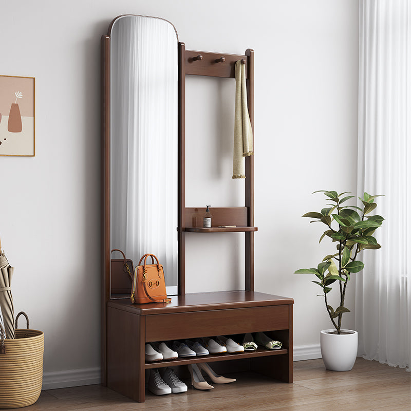 Solidwood Shoe Bench Coat Rack With Mirror In Walnut Colour/Entrance Hanger