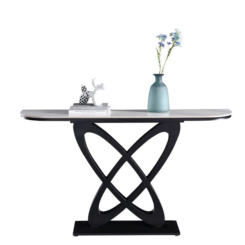 Modern Art Deco Console Table with White Ceramic Top and Carbon Black Geometric Base