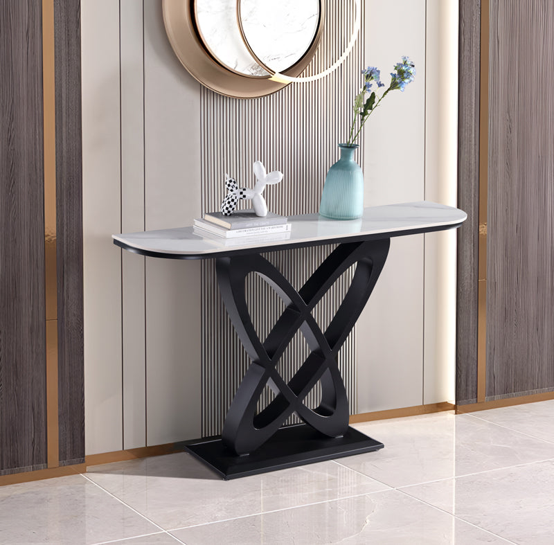 Modern Art Deco Console Table with White Ceramic Top and Carbon Black Geometric Base