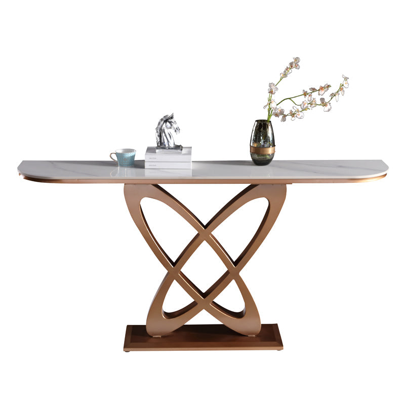 Modern Art Deco Console Table with White Ceramic Top and Antique Bronze Geometric Base