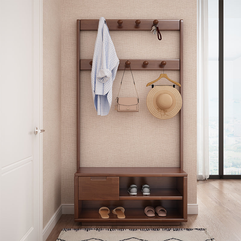 Walnut Solidwood Coat Rack With Shoe Bench/Entrance Hanger