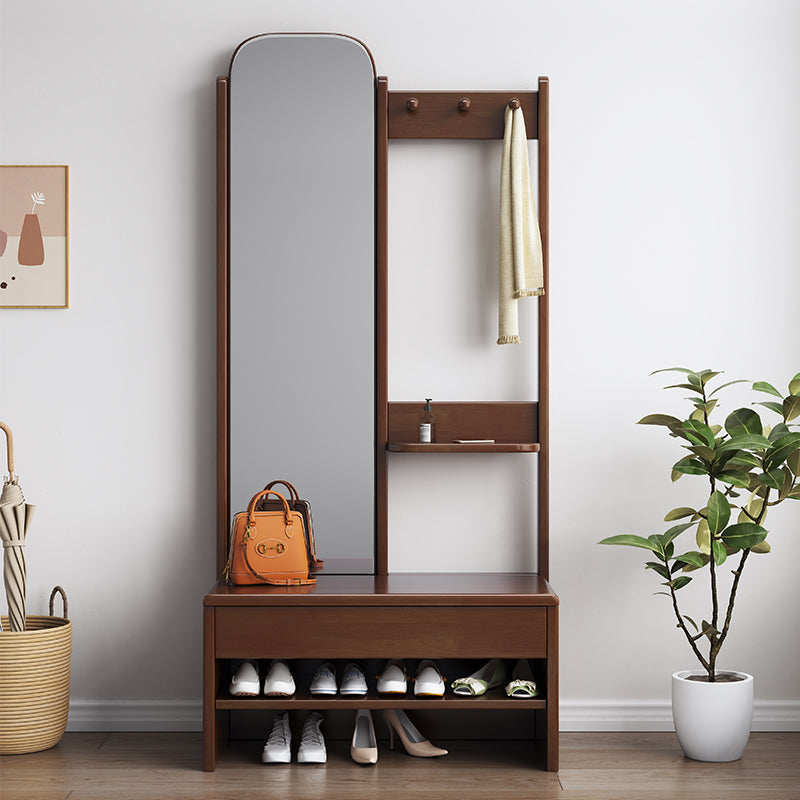 Solidwood Shoe Bench Coat Rack With Mirror In Walnut Colour/Entrance Hanger