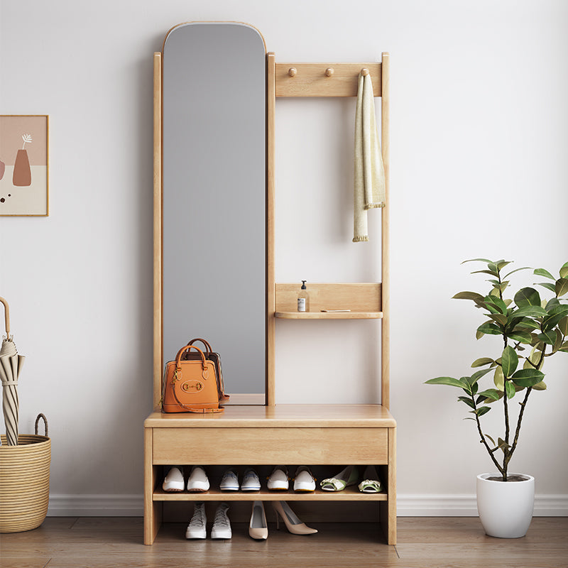 Natural Wood Shoe Bench Coat Rack With Mirror/Entrance Hanger