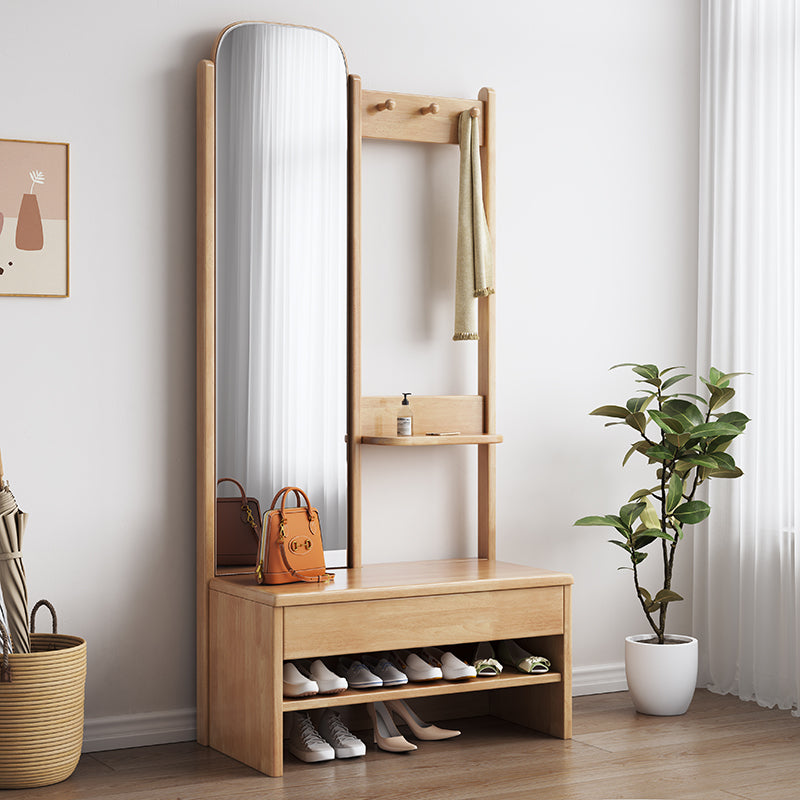 Natural Wood Shoe Bench Coat Rack With Mirror/Entrance Hanger