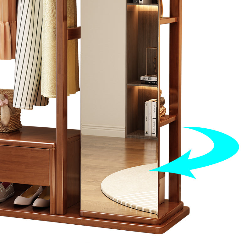 Solidwood Walnut Coloured Coat Rack With Mirror And Storage Shelves