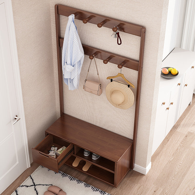 Walnut Solidwood Coat Rack With Shoe Bench/Entrance Hanger