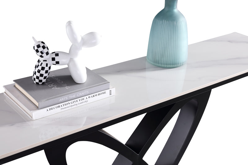 Modern Art Deco Console Table with White Ceramic Top and Carbon Black Geometric Base