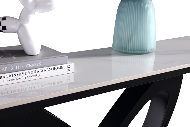 Modern Art Deco Console Table with White Ceramic Top and Carbon Black Geometric Base