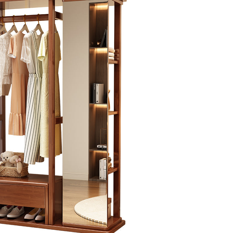 Solidwood Walnut Coloured Coat Rack With Mirror And Storage Shelves