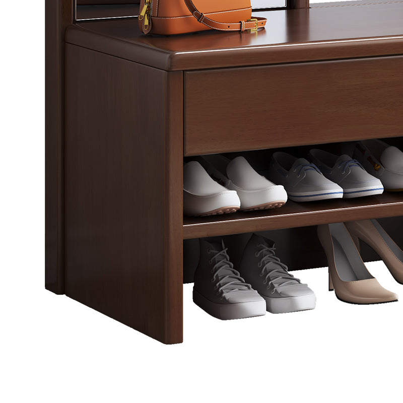 Solidwood Shoe Bench Coat Rack With Mirror In Walnut Colour/Entrance Hanger