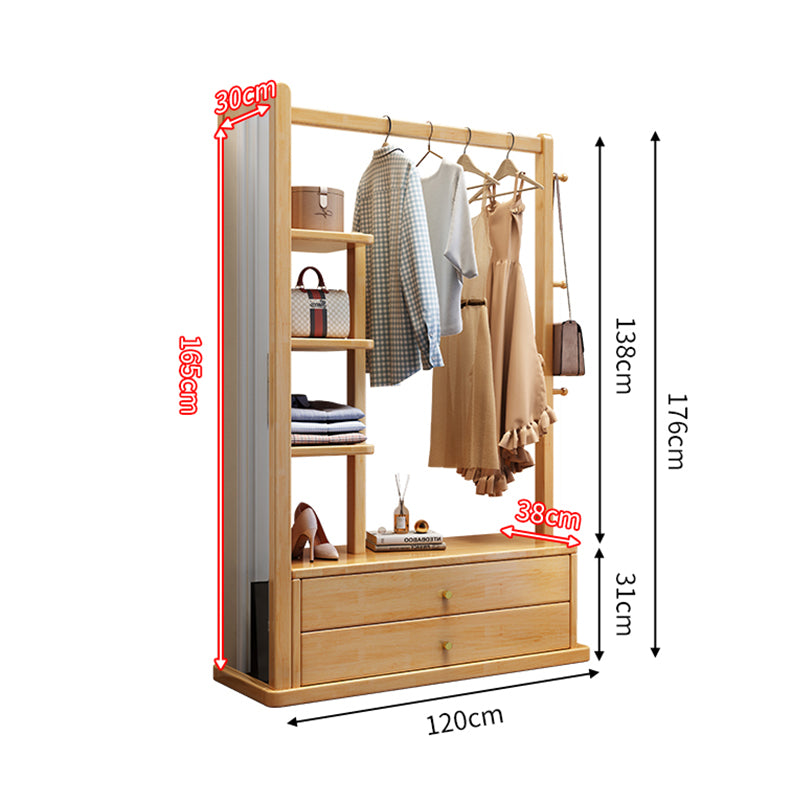 Rubberwood Oak Colour Coat Rack With Mirror And Storage Shelves