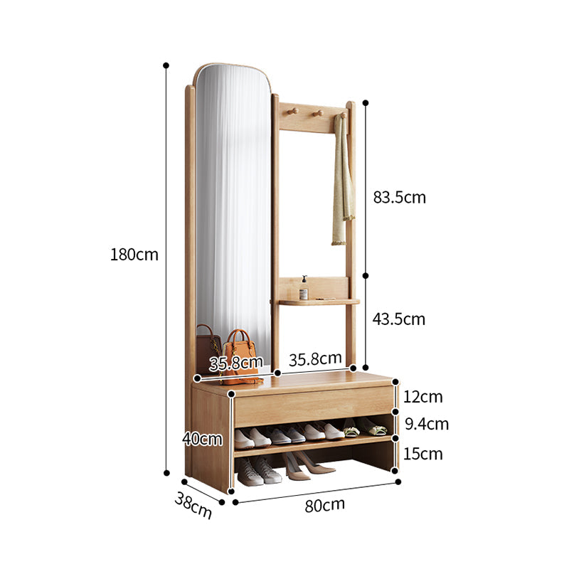 Natural Wood Shoe Bench Coat Rack With Mirror/Entrance Hanger