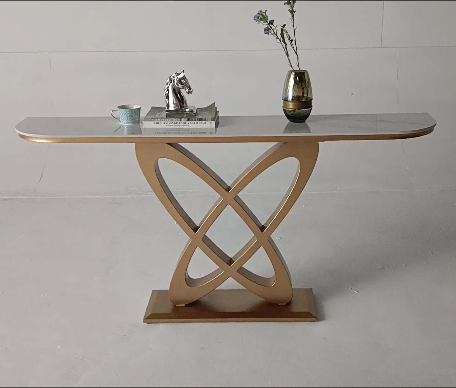 Modern Art Deco Console Table with White Ceramic Top and Antique Bronze Geometric Base